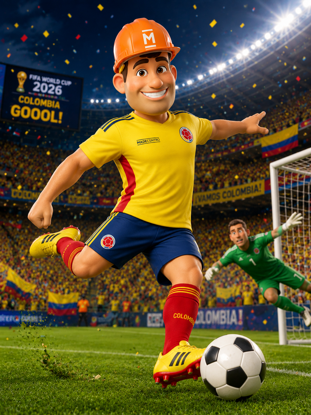 Mascota Madecentro celebrando el Mundial 2026
